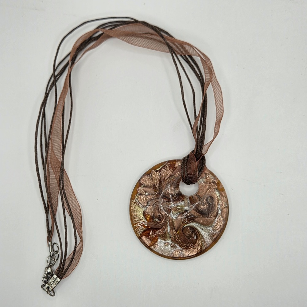 Murano Style Brown Gold Art Glass Swirl Pendant Ribbon Cord Necklace 20" 2"